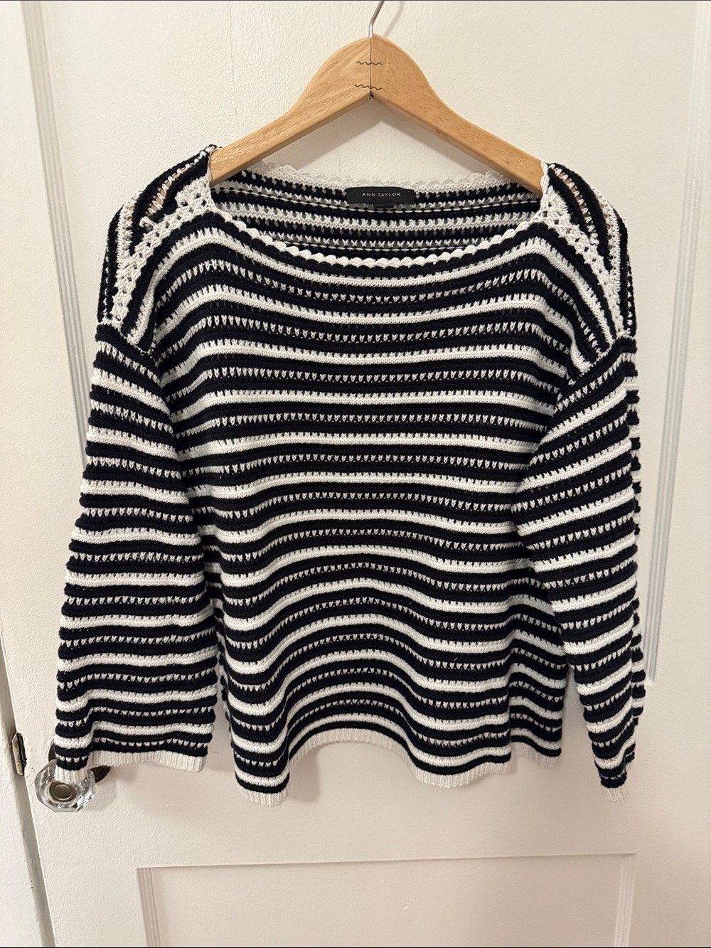 Ann Taylor Black & White Striped Crochet Crew Sweater